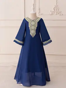 3-7Y Dark Blue 69 Kids Clothes Flower Girls Frock Embroidery Ball Gown Pageant Children Muslim Elegant Princess Prom Host Formal Evening Party Banquet Cocktail Dress