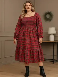 Christmas Plus Size Plaid Long Sleeve Dress for Women, Casual Loose-Fitting A-Line Dress, Fall & Winter Fashion, Comfortable Daily Wear, Boho Fashion Dress