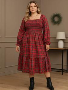 plus size chic plaid long sleeve dress for women, casual loose-fitting a-line dress, fall & winter fashion, comfortable daily wear