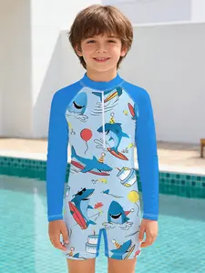 Boys' one-piece swimsuit "Party Surf Shark Style", Toddler Swimsuit, long-sleeve sun protection one-piece swimwear, highly elastic, quick-drying and non-stuffy, suitable for pool training / seaside water play / summer travel with varied outfits