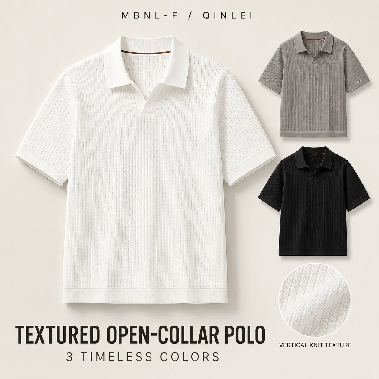 mbnl-f Men's Textured Knit Polo Shirt, Casual Slim Fit Short Sleeve with Open Collar, Breathable Cotton-Blend, Menswear, Plain, Shortsleeve, Soft, Smart Casual Style, Fitted Cotton Polo Shirts, Slim Fit Polo Shirts