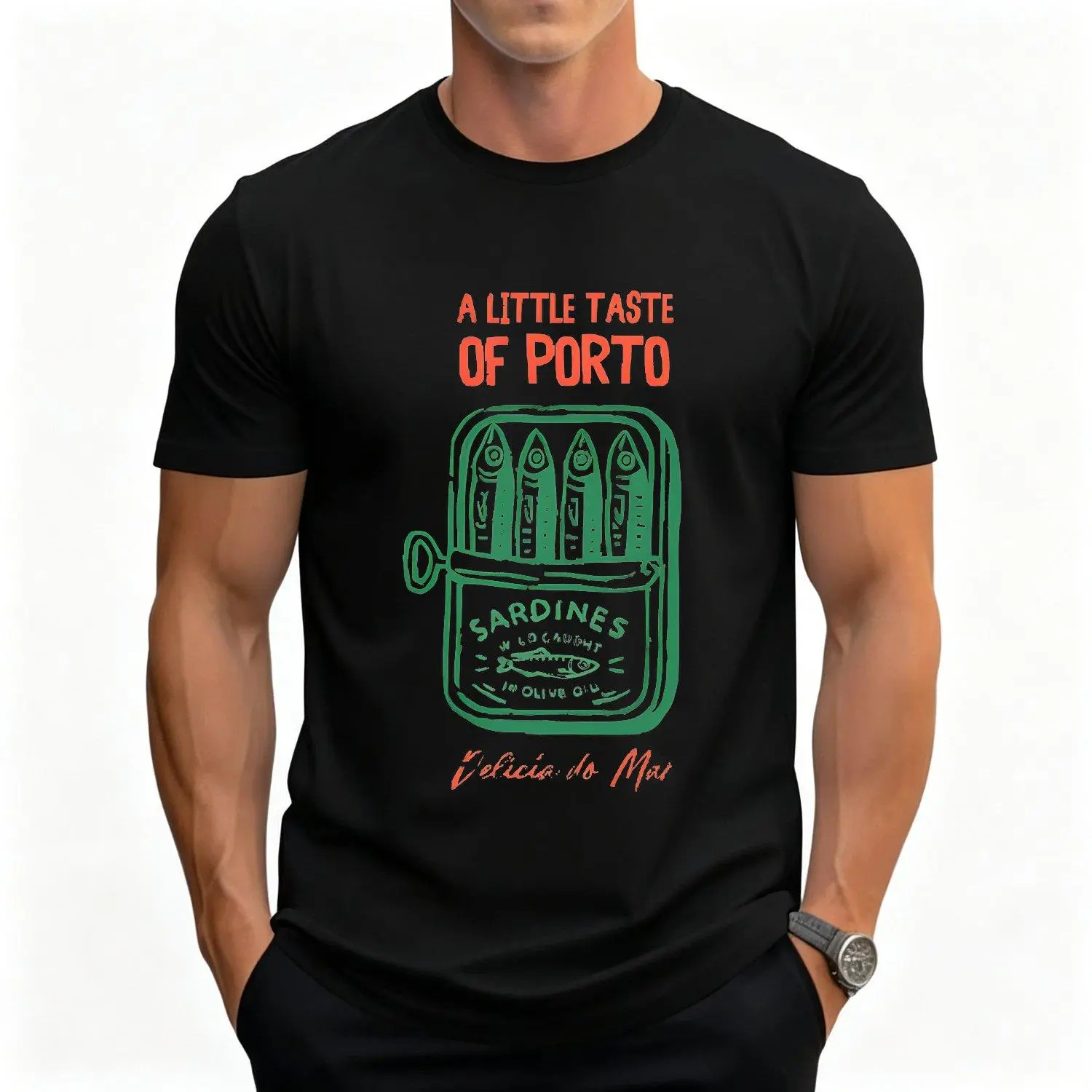 Men's Washed T Shirt Featuring Culinary Inspired "Celebrate Porto's Sardine Delight" Design Stylish Casual Tee Shirt with Vintage Effect and Artistic Print