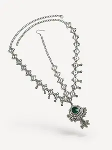 Bohemian Silver Color Maang Tikka Headpiece, Diamond Embellished, Indian Style Hair Accessory, Jewellery, Perfect for Parties and Music Events, Available in Green, Red, and White, Hair Jewelry