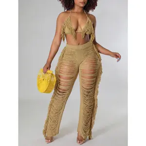 Two Piece Sets for Women Sexy Crochet Cover Up Outfits Halter Top Fringe Pants Beach Vacation Party beach cover up set perfect for poolside and beach styling