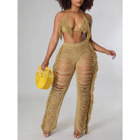Women's Stylish 2-Piece Crochet Clothes Set, Sexy Halter Top with Fringe Pants, Beach Sunbathing Vacation Cover-Up for Going Out (2 Pcs Stylish Women's Wear for Outdoor Activities)