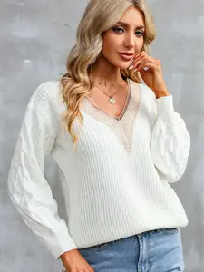 White Cable Puff Sleeve Lace V Neck Sweater
