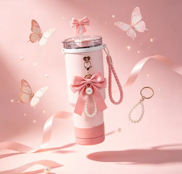 Cute Pink Bow Tumbler Accessories Set for 30oz & 40oz Cups – Handle Strap, Silicone Boot, Straw Topper, Pearl Charm & Keychain Gift