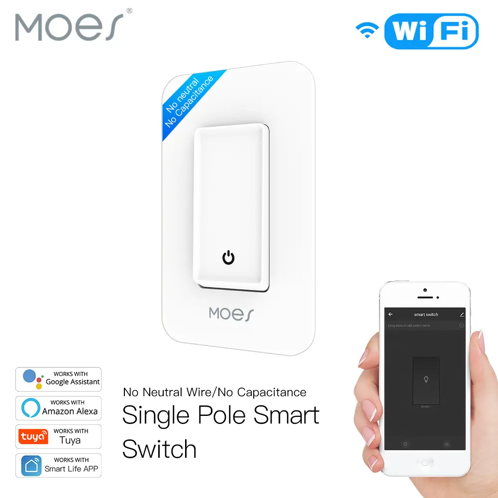 MOES WiFi US-Standard Single Pole Smart Switch, Single-Fire (No-Neutral) Design, Super-Capacitor Powered, Wi-Fi Direct — No Hub Needed, Support Voice Control — Alexa & Google Home.