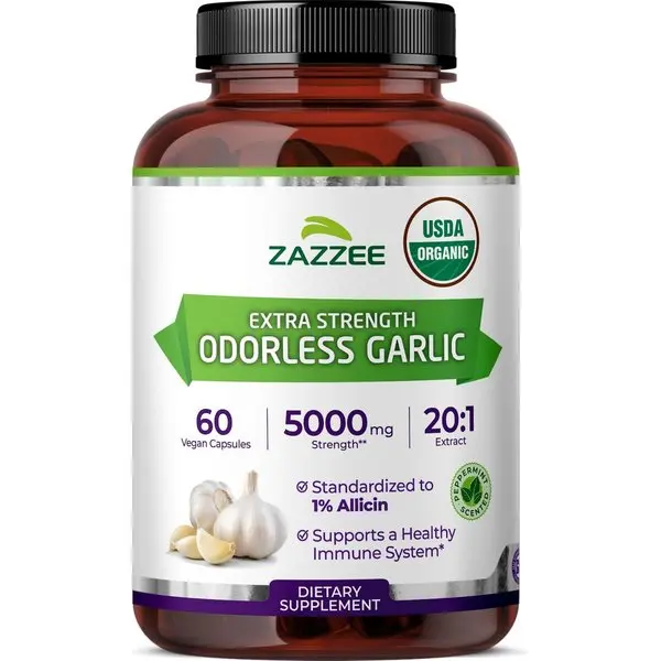 USDA Organic Odorless Garlic 20:1 Extract, 1% Allicin, 100 Capsules | Vegan, 3+ Month Supply, Allium Sativum, Immune, Circulation & Heart Health Support, All-Natural, Non-GMO, Made in the USA