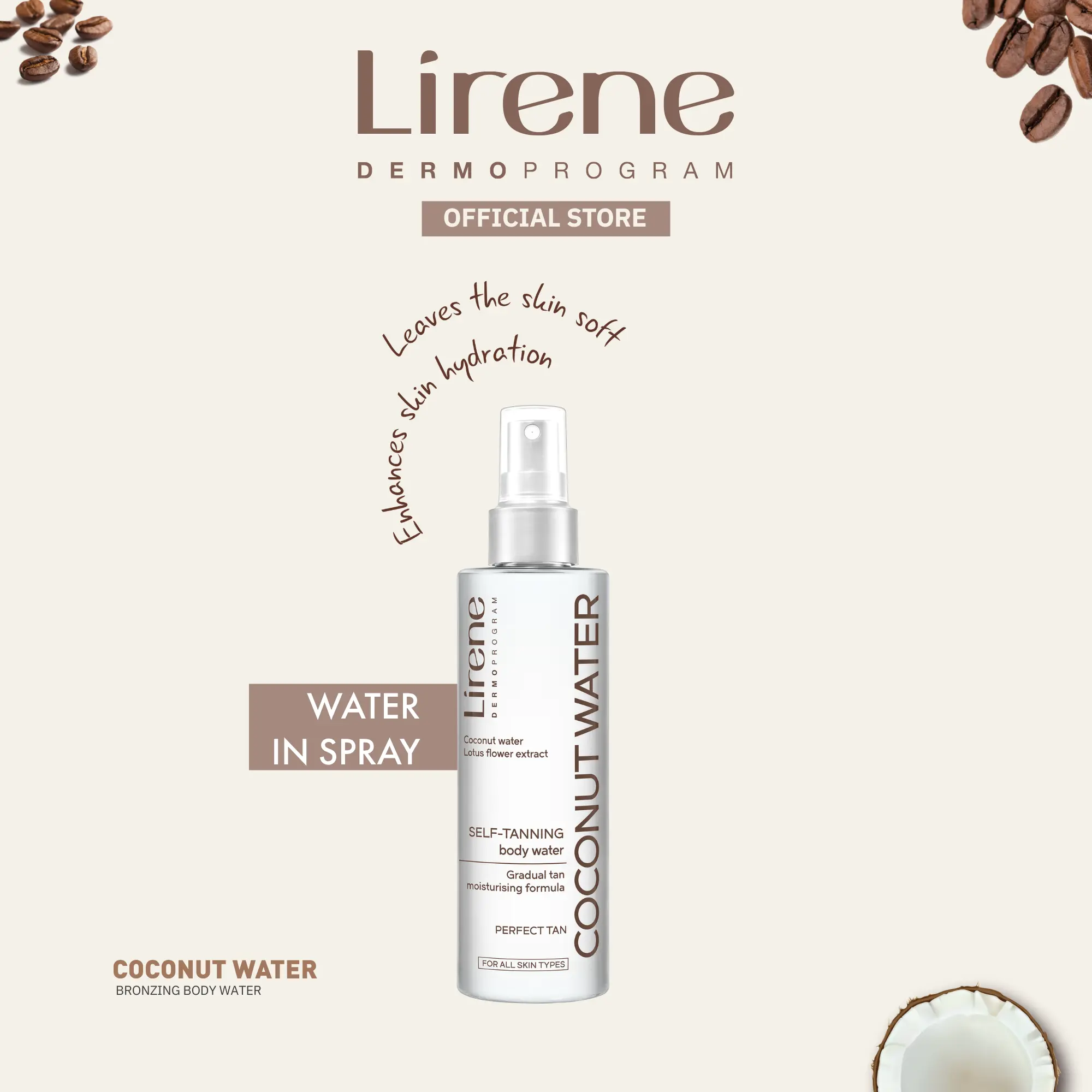 Lirene Perfect Tan Coconut Water Bronzing Mist — Gradual & Buildable Glow Spray Tan, Hydrating Self-Tan, Lightweight Mist,Sunless Bronzing Mist, Natural Golden Glow, Fast Developing Streak-Free DHA Tan