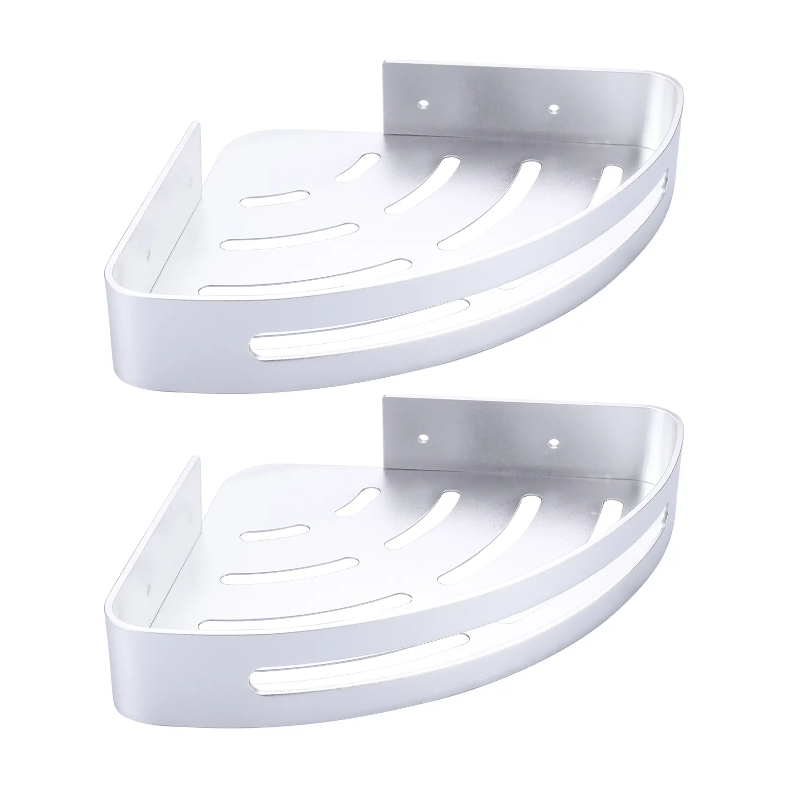 WOWOW 2-Pack Vintage Metal Aluminium Triangular Shower Caddy Set, Hollow Lightweight Bathroom Corner Basket with 4 Hooks, Brushed Nickel Finish, Concealed Hardware Installation