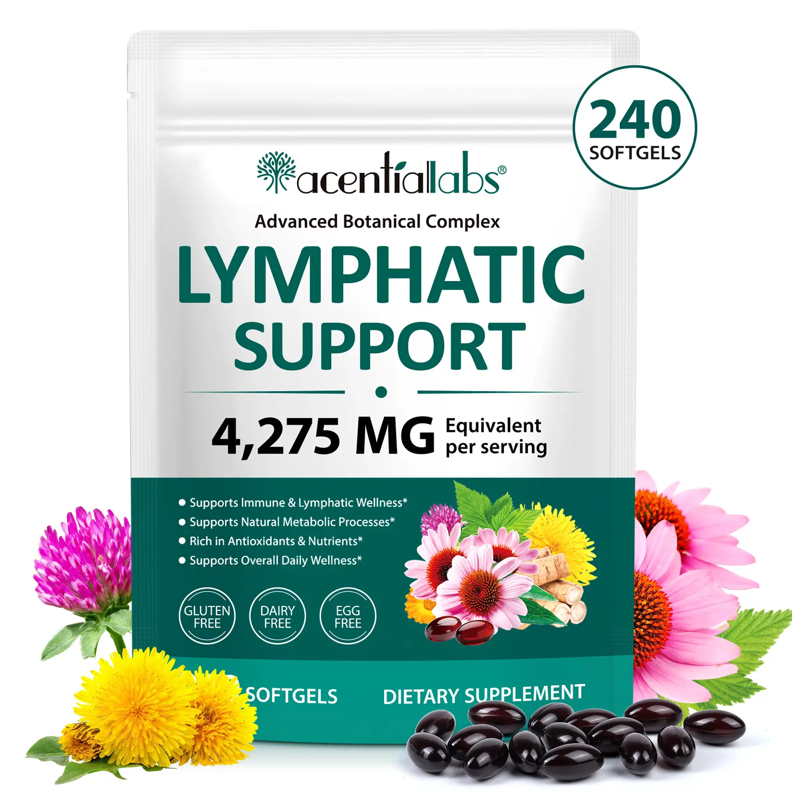 【NEW】Acentiallabs Lymphatic Drainage Softgels 240 Capsules - 21-in-1 Herbal Blend with Echinacea, Burdock Root, Red Clover & Turmeric for Natural Detox Support & Healthy Circulation*, Non-GMO, Gluten-Free, 4-Month Supply (240 Count)