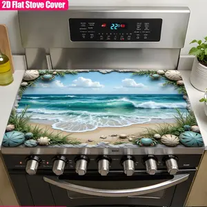 Electric stove cover - heat-resistant and non slip surface, coastal beach landscape, with waves and shells, easy to clean kitchen decoration, used to protect gas stoves/ovens/stove tops, stove top protection mat, durable rubber material, oven mat