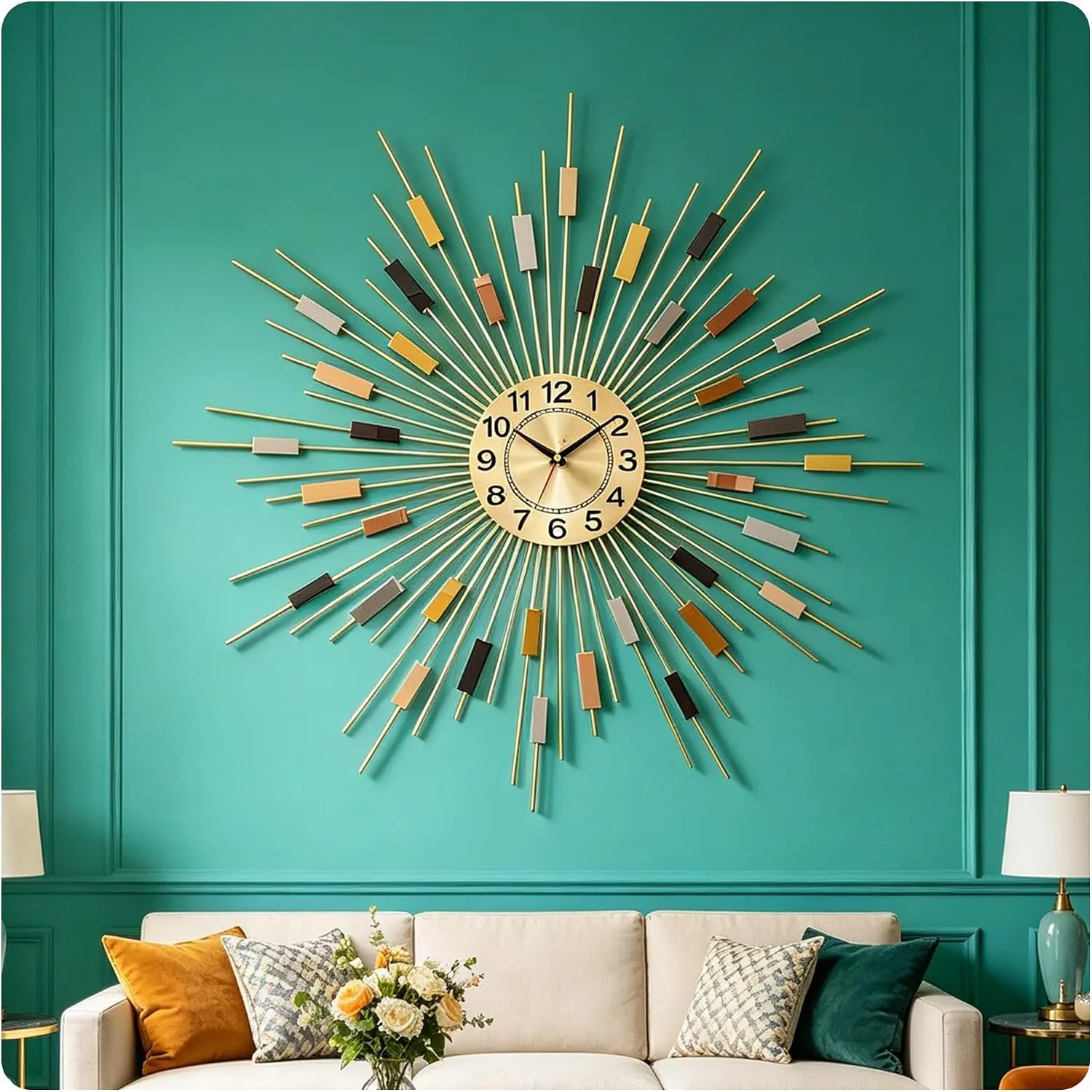 24" Large Sunburst Wall Clock, Boho Modern Farmhouse Metal Decor, Silent Non-Ticking Battery-Powered Clock, Mid-Century Art for Living Room, Bedroom, Christmas Gift，  precision wall clock