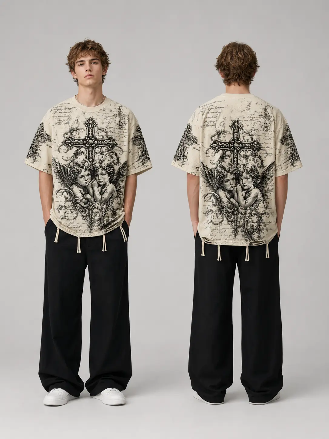 Men's Cherub Angel Cross Graphic T-Shirt, Oversized Vintage Cream Front and Back Print Tee, Gothic Baroque Streetwear Top Casual Menswear