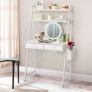 Makeup Vanity Desk with 2 Shelves / LED Lights and Power Outlet (No Mirror), Freestanding Desk with Side Bag & 2 Fabric Drawers, Home Office Desk with Shelves, Study Writing Gaming Table for Bedroom, White