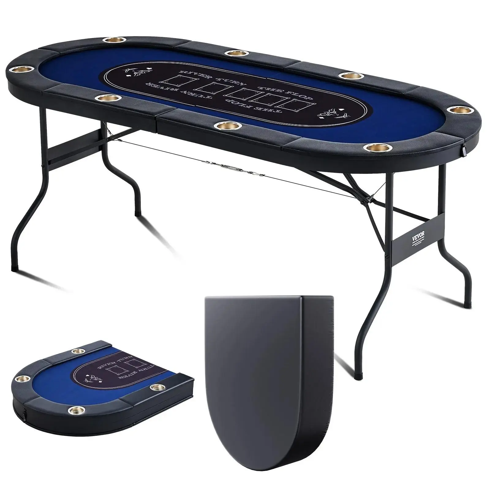 【Summerfinds】VEVOR 8 Player Foldable Poker Table,  Blackjack Texas Holdem Poker Table with Padded Rails and Stainless Steel Cup Holders, Portable Folding Card Board Game Table, 72" Oval Casino Leisure Table, Blue