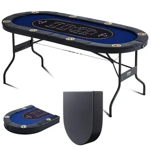 VEVOR 8 Player Foldable Poker Table, TikTokShopBlackFriday, Blackjack Texas Holdem Poker Table with Padded Rails and Stainless Steel Cup Holders, Portable Folding Card Board Game Table, 72" Oval Casino Leisure Table, Blue