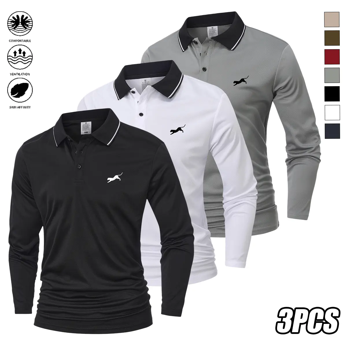 Men's 3-Pack Polo Shirts, Casual Long-Sleeve Athletic Polyester Tops for Golf & Outdoor Wear, Standard Sizes, Polyester Clothes, Golfing, All Seasons