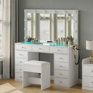CollaredEagle Vanity Desk With Illuminated Mirror & Power Outlet,Makeup Vanity With 12 USB Power LED Lights, 11 Drawers Vanity Table With Chair, Tempered Glass Top, Dressing Table For Bedroom,Dressing Room christmas  vanity white makeup vanity table Set w