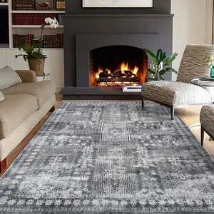 GARVEE Large Washable 9x12 Area Rugs Non Slip Rug Low Pile Rug Floor Carpet Distressed Printed Area Rug Soft Area Rug for Living Room Bedroom Dinning Room Kitchen Indoor Grey
