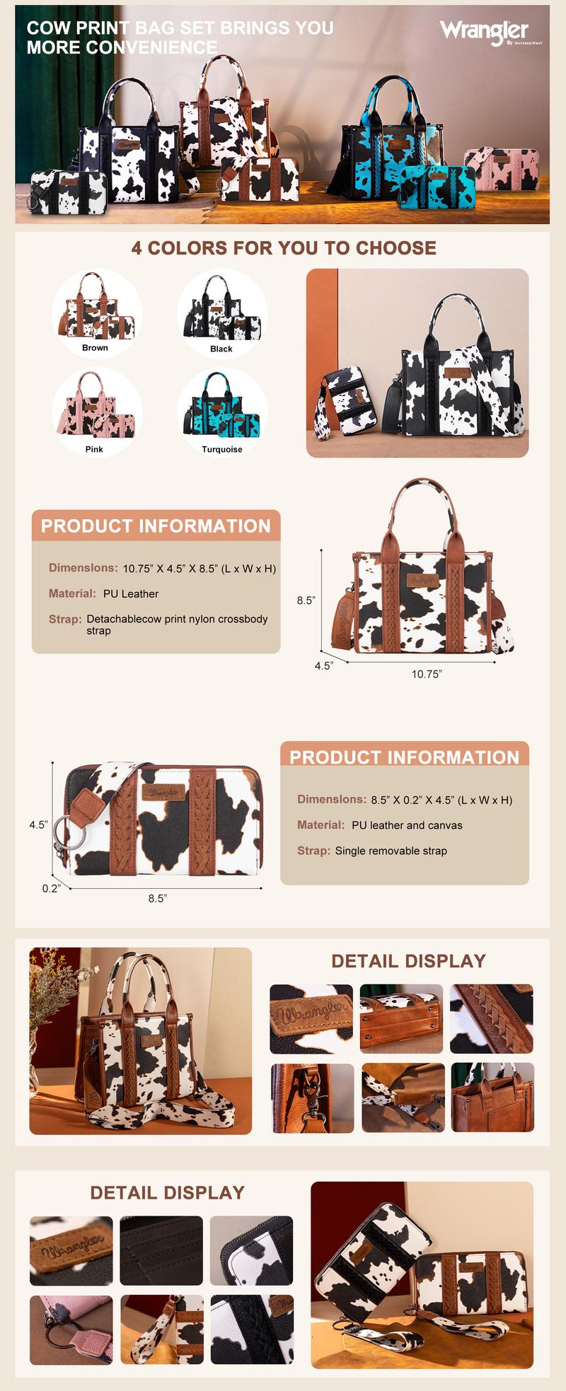 Wrangler Cow Print Tote Daily Use Handbag for Women Top Handle with Wallet,2Pcs Set Leather Satchel