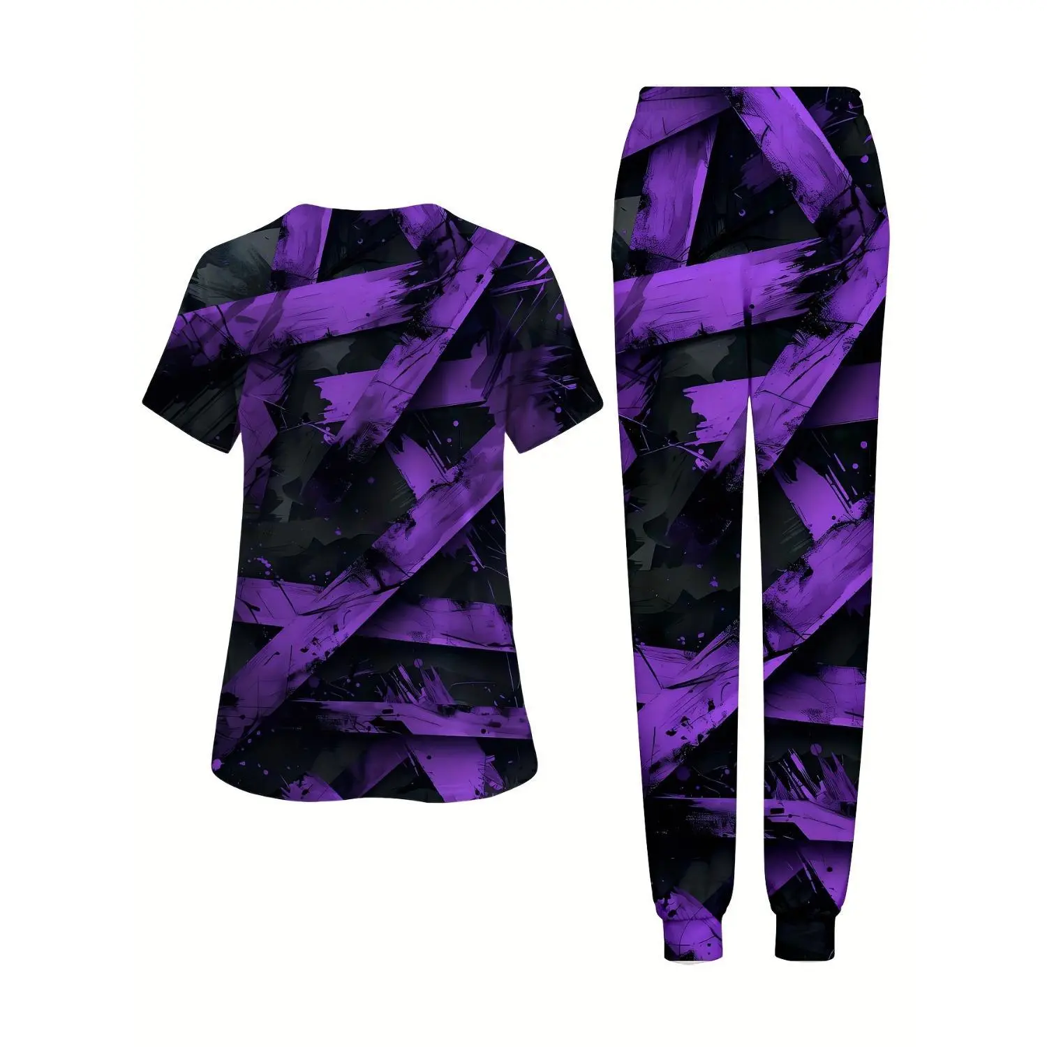 2-Piece Women's V-Neck Uniform Set: Abstract Purple Print Top & Pants, Pocketed Workwear for CNAs & Therapists, Machine Washable, All-Season Hospital & Clinic Attire
