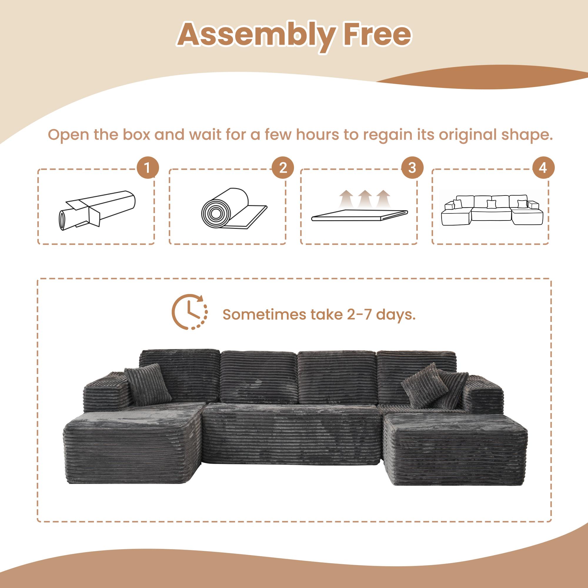 【5 Packages Shipping】Ovios 136" Sectional Cloud Couch for Living Room, Modular Floor Sofa with Plush Corduroy, No Assembly Required, Big Comfy Couches Set with Fluffy Memory Foam, Stupendous U Shaped Sofas with Chaise