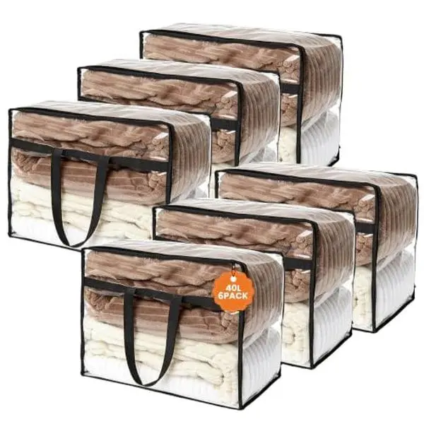 Garvee 6 Pack Heavy Duty Clear Under Bed Storage Bins – Collapsible Vinyl Organizer with Zipper – Ideal for Comforters, Blankets, Clothing, Toys – Space-Saving Closet Solution – Black, 48×23×38 cm