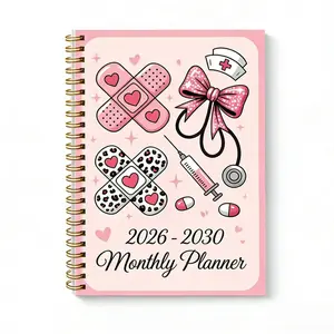 January 2026 - December 2030, 5-year monthly planner, nurse-themed cover design notebook, yearly calendar planning, monthly tabs, 60-month calendar, 5.5 inches x 8.3 inches, 71 sheets/142 pages thickened paper, elastic cover, durable double-wire spiral bi