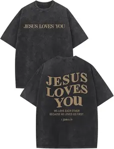 Christian Jesus Loves You Shirts for Men Religious Oversized Graphic Tees Jesus Faith Acid Wash T Shirt God Top