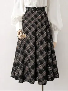 Plus Size Women's Casual Plaid Long Skirt, Stylish High Waist A-Line Design, Perfect for Daily Wear & Comfortable Fit