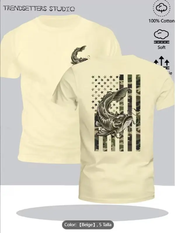 American Camouflage Flag Catfish Print Pure Cotton T-shirt for Outdoor Fishing Enthusiasts, Short Sleeved European and American Style Men's Casual Fishing Top