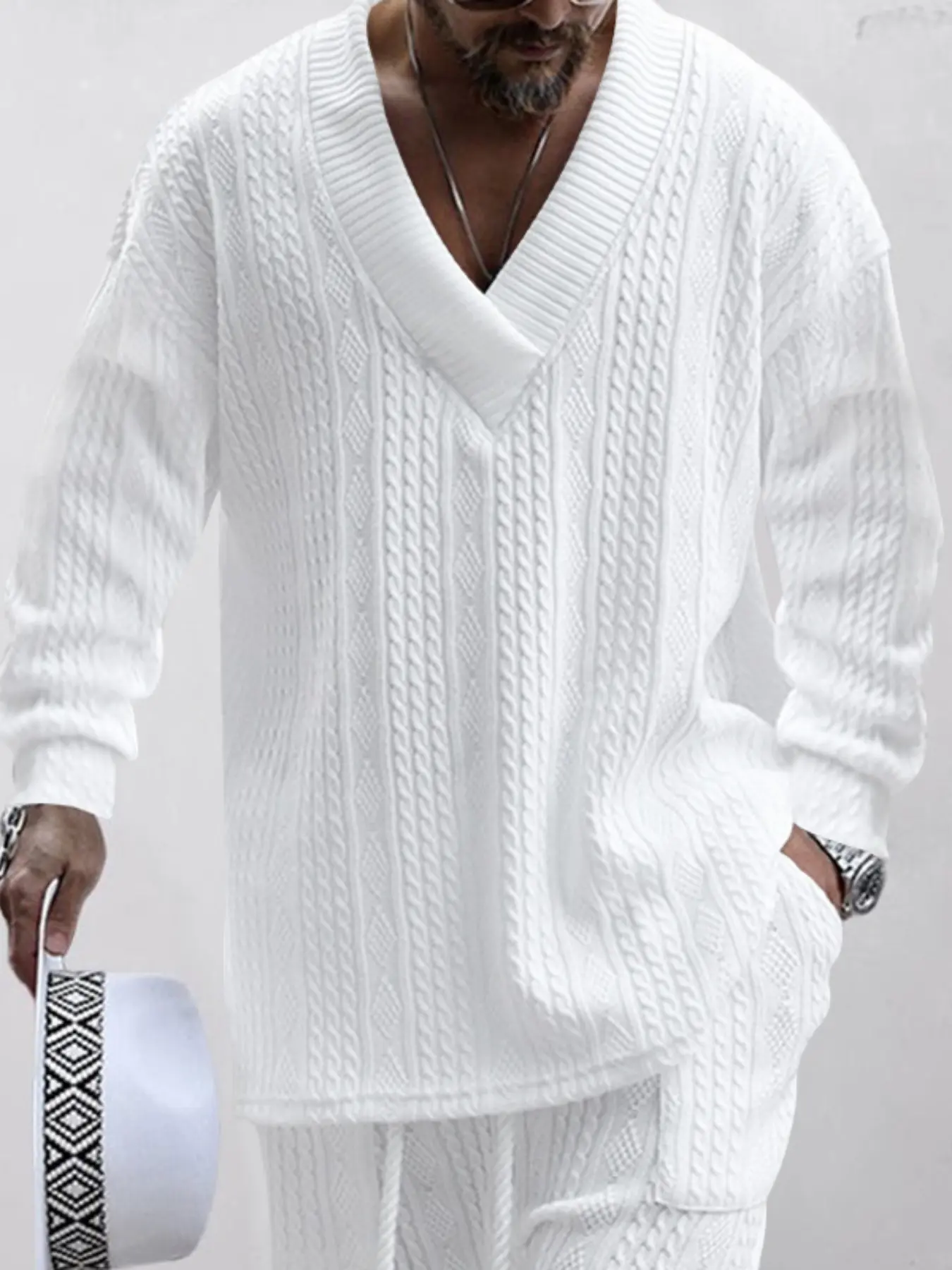Men's Casual Fashion Set, Style, V-Neck Knitted Fabric Sweater Suit, Loose Fit, Simple Design, Perfect for Daily Wear, Fall outfit