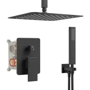 Ceiling Mount Shower Faucet Set, Black Shower System with 10-Inch Rain Showerhead and Handheld  Combo, High- Showerheads Set with Valve and Trim Kit, Matte Black