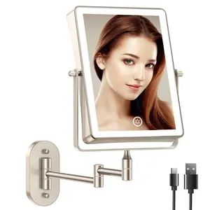Rechargeable wall mounted makeup mirror bathroom mirror rectangle 87 inch double sided 1x 10x magnifying 3 color setting extended arm 360 swivel foldable nichel