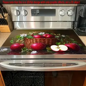 1 large apple patterned stove protection pad with heat-resistant, anti slip, and scratch resistant polyester cover, designed with red apples and green leaves, multifunctional for induction cookers, flat baking mats, and washing machines