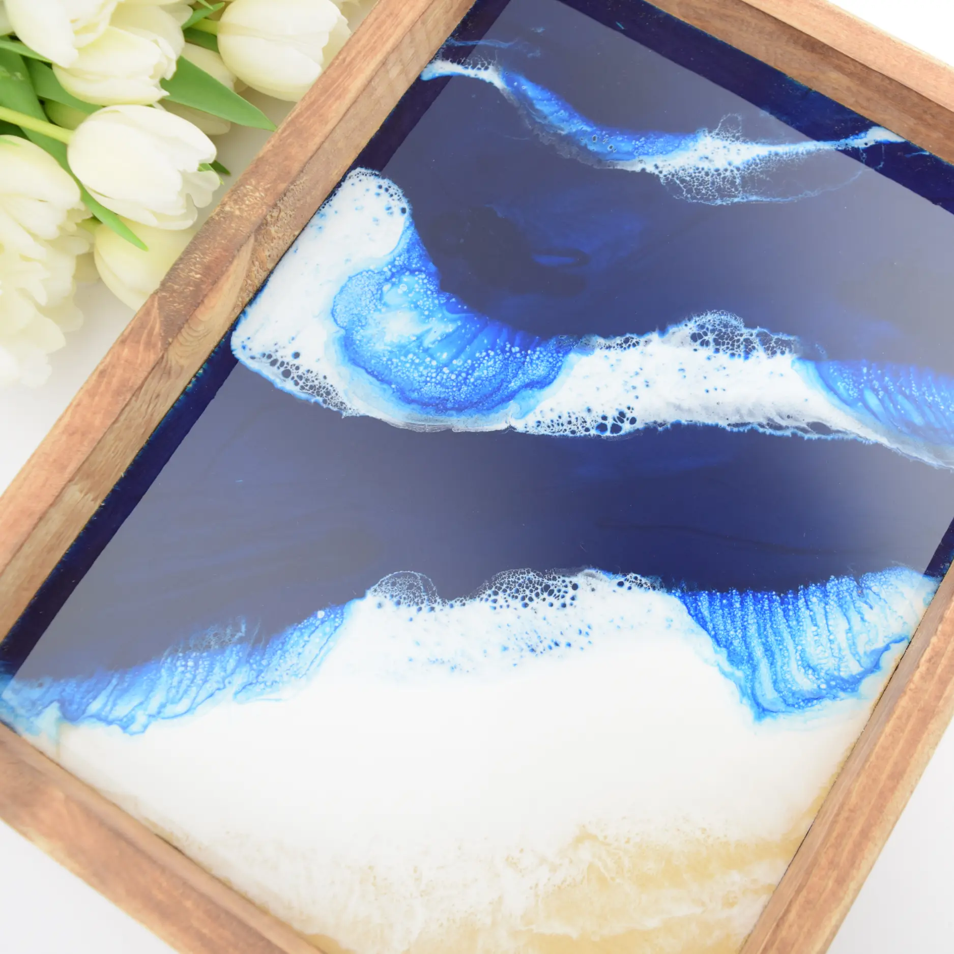 Handmade Wood Serving Tray, Ocean Inspired Resin Charcuterie Board, Wooden Cheese Platter Coffee Table Tray Medium Small