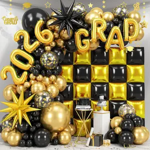 2026 Black & Gold Graduation Balloon Arch with Square Foil, Star Balloons & Latex for Grad Party