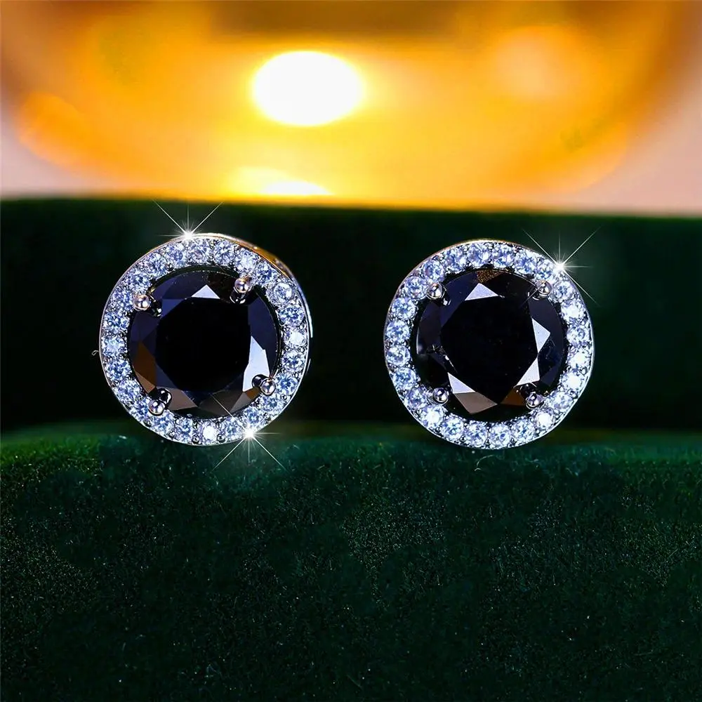 Women's Luxury Round Crystal Stud Earrings - Silver-Tone Copper Base with Purple, Black Crystal Accents for Wedding Wear, Female Costume Jewelry, Round Studs, Silver-Tone Design, Single, Ear Stacking, Classic, Adults