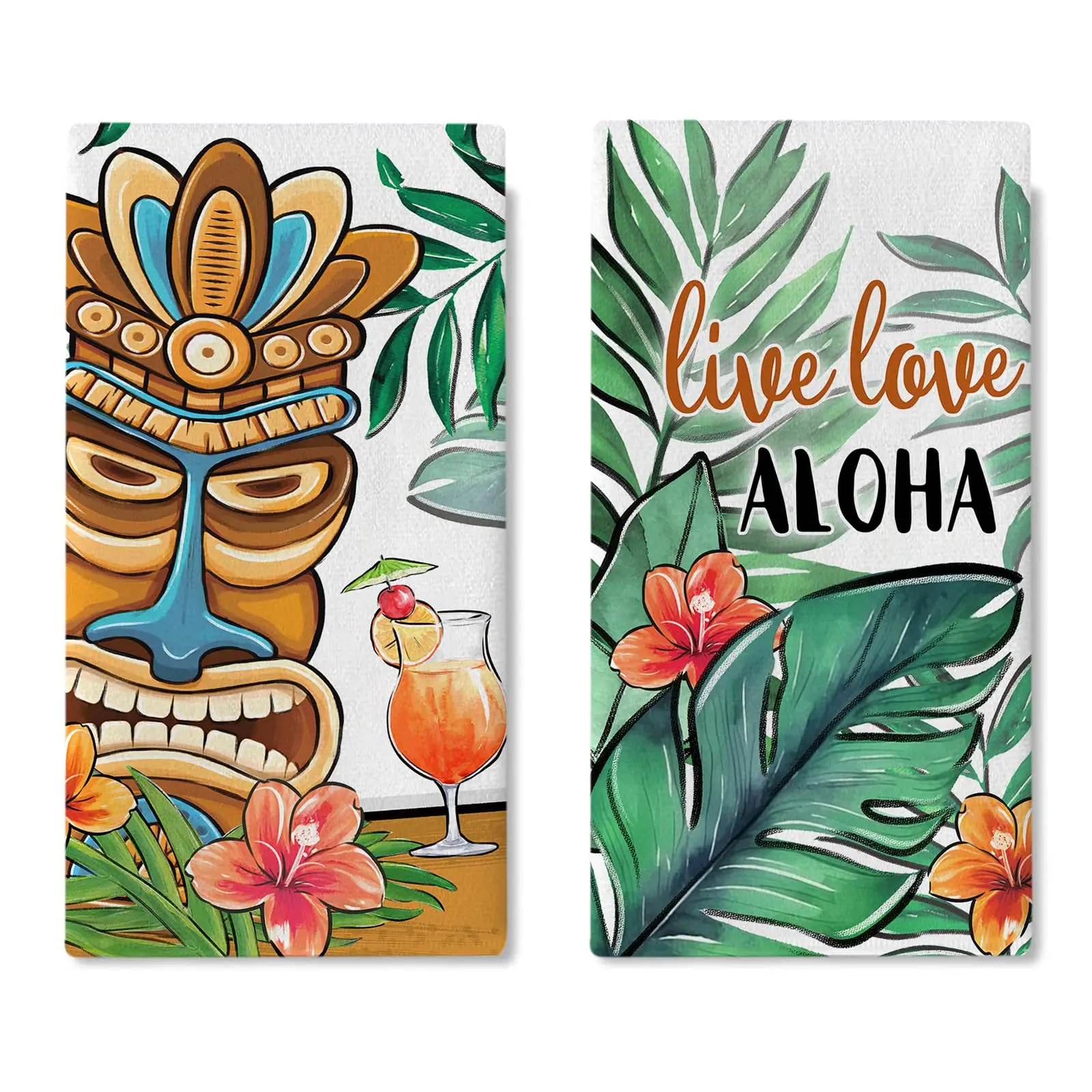 100% Polyester Synthetic Tiki Kitchen Cleaning Dish Towels Set of 2 (16x24in) - Rustic Vivid Tropical Palm/Monstera Leaves, Hawaii Hibiscus, Live Love Aloha Design, Moisture Wicking, Quick Drying, Durable, Housewarming Gifts