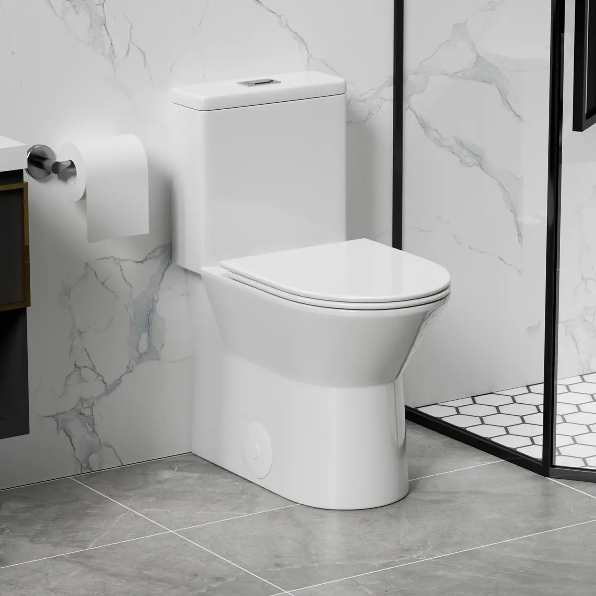 Elongated One Piece Toilet 1.1/1.6 GPF Tornado Flush with Comfort Chair Seat ADA Height 17",Powerful & Quiet Dual Flush Modern Toilet,Siphonic S-trap 12",Rimless Bowl with Soft Closing Seat,Gloss White