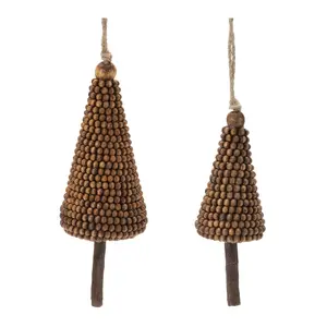 360 stand Melrose 94397DS Rustic Woodland Christmas Beaded Tree Home Decor Ornament Set of 4 - 5 & 7 in., Plastic & Wooden Decorative Ornaments, Brown Hanger, Decoration