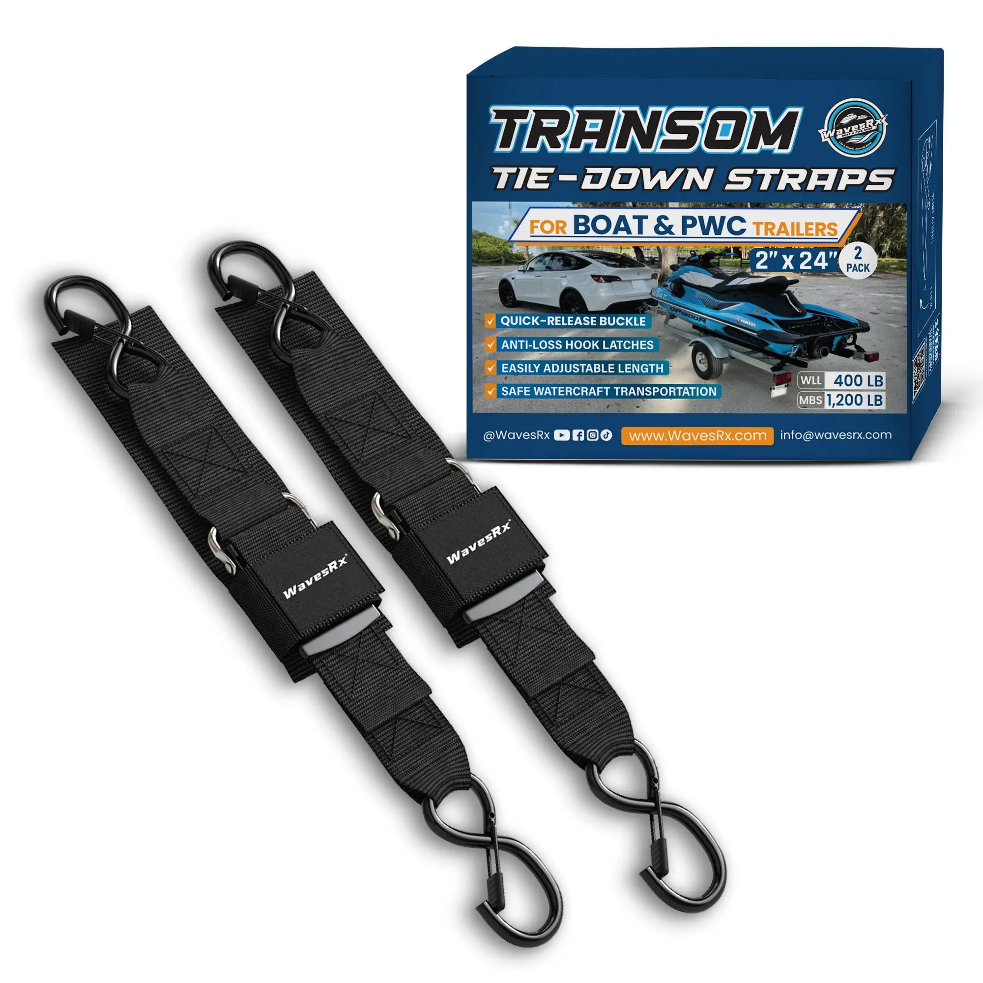 WavesRx Premium Boat & Jet Ski Trailer Transom Straps - Marine Tie Downs - Adjustable via Quick Release Buckle - Must Have Boating Accessories for Safe and Secure Transportation of Your Watercraft