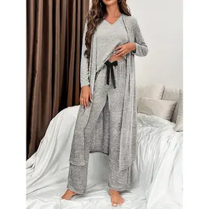 Elegant Women's Pajama Set - Soft Polyester & Elastane Blend, Long Sleeve V-Neck Top with Cardigan & Pants, Non-Transparent Solid Color Sleepwear for All Seasons