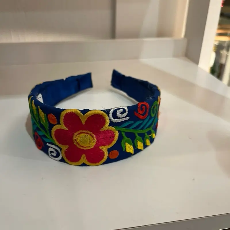 Diadema Bordada Mexicana - Colorful Floral Design on Blue Fabric Headband