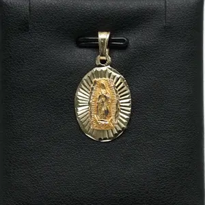 14K Gold Small Virgen de Guadalupe Oval Pendent Sunburst