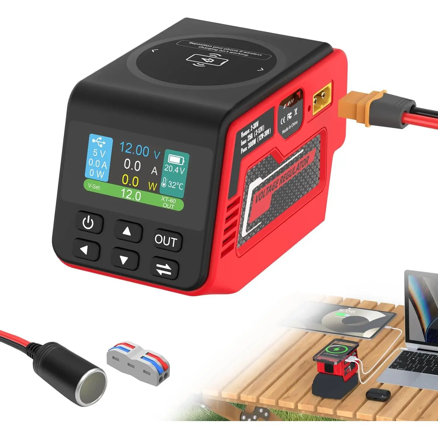 Swiilpo 300W Adjustable DC 2–30V Voltage Regulator Compatible with Milwaukee 18V Battery XT60 Output, 100W Type-C, 18W USB-A, 15W Wireless Charger, LCD Display (Battery Not Included),By Quesear