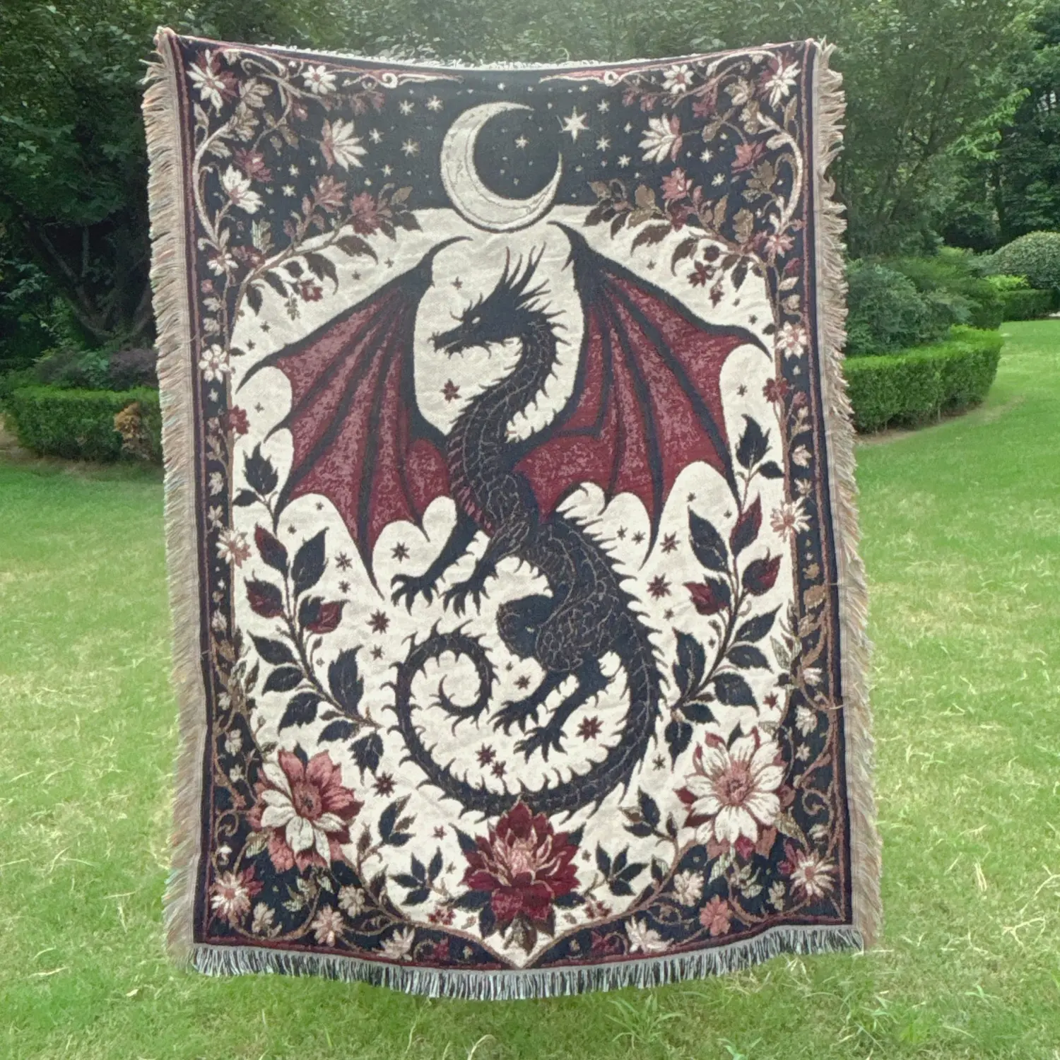 Bohemian Dragon Pattern Woven Fringe Blanket, Thick Washable Anti-Stain Tear-Resistant Throw for Bed Sofa Office Picnic Camping Home Decor Cozy Throw Blanket