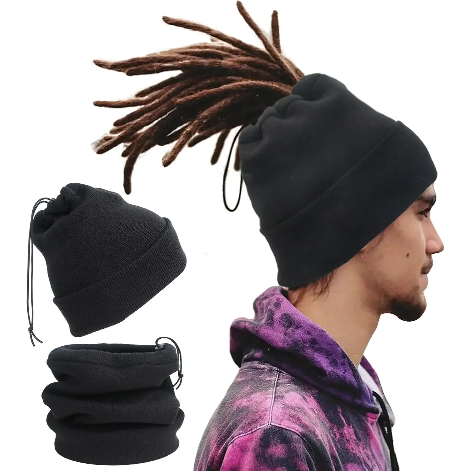 Satin Lined Ponytail Beanie for Women & Men, Adjustable Acrylic Knit Winter Hat with Opening for Dreadlocks, Buns & Long Hair, Beanies